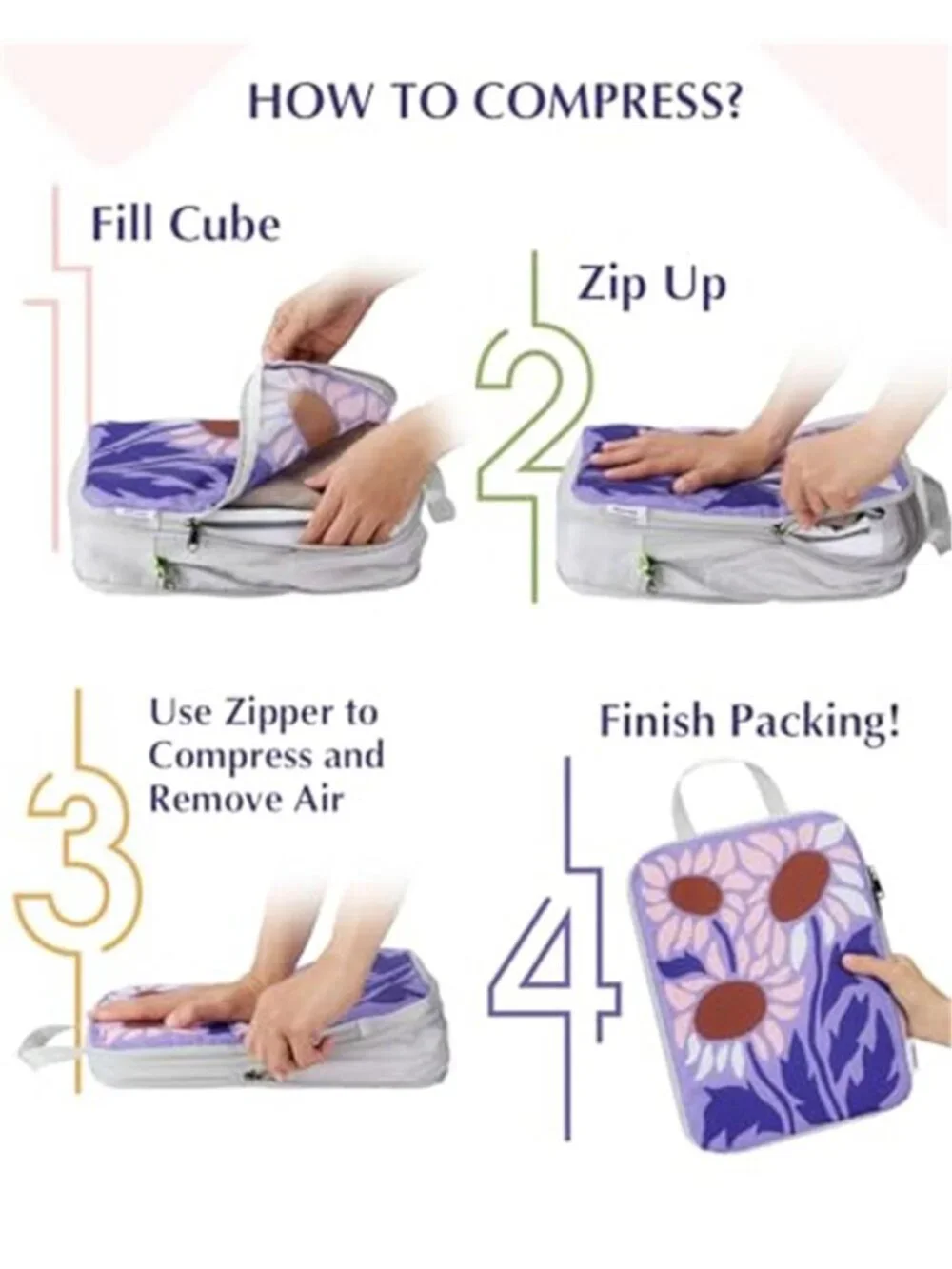 Compression Packing Cubes Travel Organizer Luggage Storage Bags 4 Piece Set